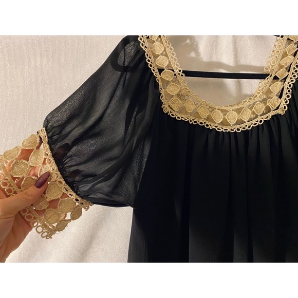 biz princess black sheer blouse with gold lace trim / size medium - Picture 4 of 5